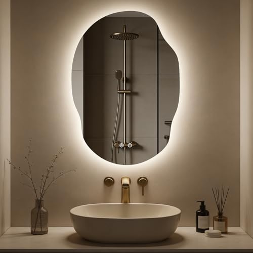 WallBeyond Asymmetrical Bathroom Mirror with Lights, Irregular LED Backlit Vanity Mirror, 31" H x 22" W, Anti-Fog, Dimmable Lighting with 3 Color Temp, Memory, Hardwired, Vertical or Horizontal Mount