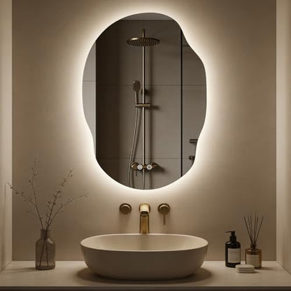 WallBeyond Asymmetrical Bathroom Mirror with Lights, Irregular LED Backlit Vanity Mirror, 31" H x 22" W, Anti-Fog, Dimmable Lighting with 3 Color Temp, Memory, Hardwired, Vertical or Horizontal Mount