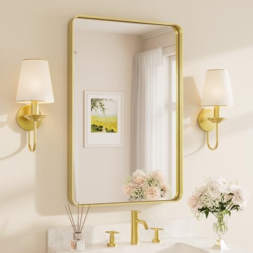 TETOTE Brushed Gold Bathroom Mirror, 24 x 36 Inch Metal Framed Mirror, Brushed Brass Rectangle Wall Mounted Golden Vanity Mirror (Horizontal/Vertical)