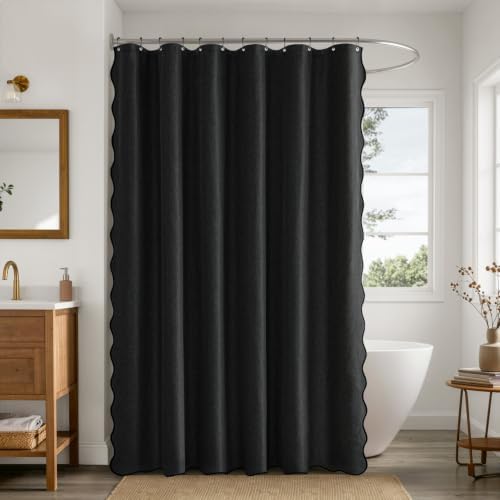 ANRODUO Black Scalloped Linen Textured Shower Curtain, W72 x L96