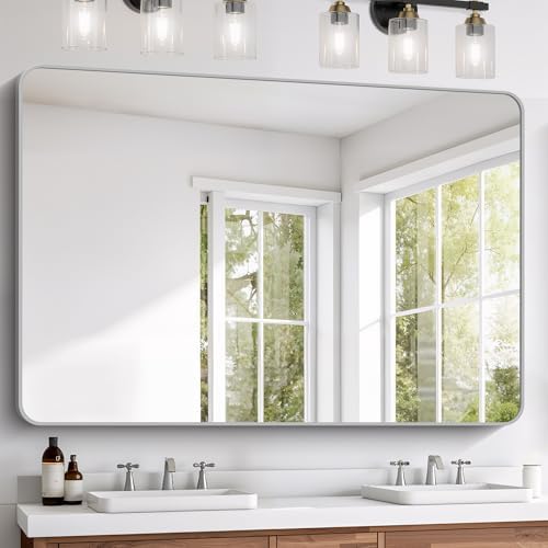 FORBATH 60x40 Inch Silver Bathroom Mirror for Over Sink, Large Rectangular Wall Mirror with Metal Frame, Rounded Corners for Bathroom, Bedroom, Entryway Decor (Horizontal or Vertical)