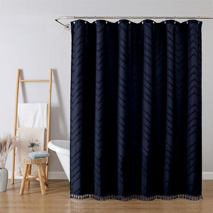 OWENIE Navy Blue Fabric Shower Curtain, Boho Shower Curtains for Bathroom Chic Tufted Chevron Striped Textured with Tassel, Soft Hotel Style Farmhouse, Machine Washable, 72x78, Navy Blue