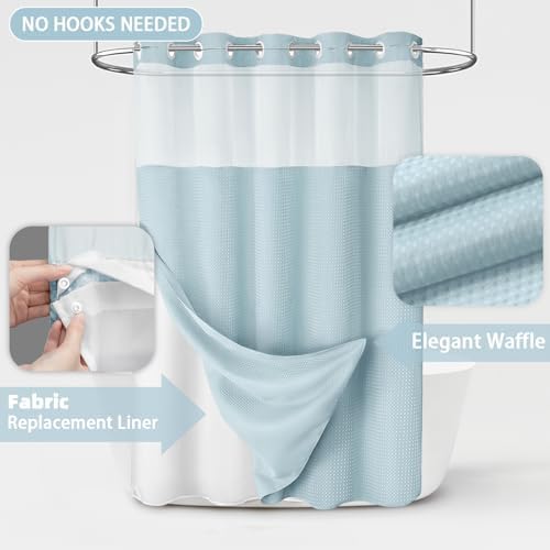 No Hook Shower Curtain with Liner Set Hotel Waffle Curtain Aqua 72W X 75L