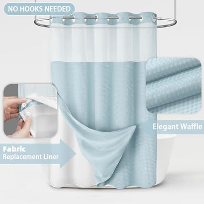No Hook Shower Curtain with Liner Set Hotel Waffle Curtain Aqua 72W X 75L
