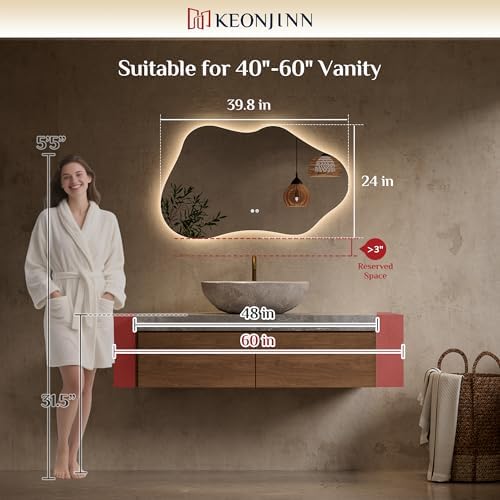 Keonjinn Irregular Backlit Bathroom Mirror 40 x 24 Inch, HD Tempered Glass
