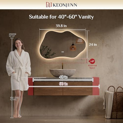 Keonjinn Irregular Backlit Bathroom Mirror 40 x 24 Inch, HD Tempered Glass