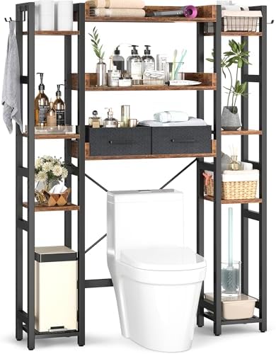 Besiost Over The Toilet Storage, 11 Tier Bathroom Organizer with Dual Side Racks and 2 Fabric Drawers, Adjustable Freestanding Rack Space Saver for Small Spaces, Rustic Brown