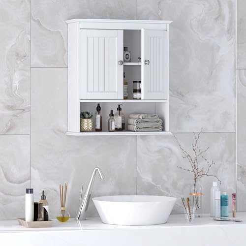 Spirich Bathroom Wall Cabinet with Beadboard Doors, White Medicine Cabinet