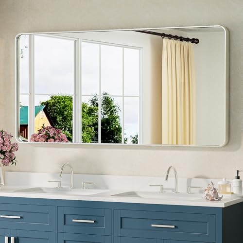 TETOTE Brushed Nickel Bathroom Mirror 48 x 24 Inch Brushed Nickel Metal Framed Bathroom Mirror, Tempered Glass, Modern Farmhouse Wall Mounted Mirror for Decorative(Horizontal/Vertical)