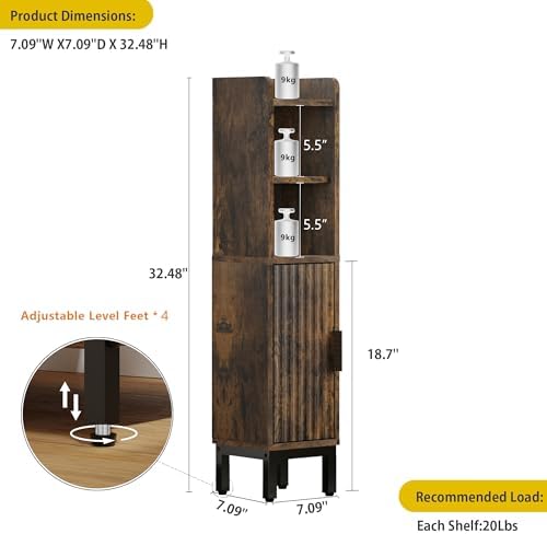 FerniTry Small Bathroom Storage Cabinet, Corner Floor Narrow Toilet Paper Cabinet with Door and Shelves,Bathroom Organizer with Adjustable Shelf, for Small Spaces (Rustic Brown)