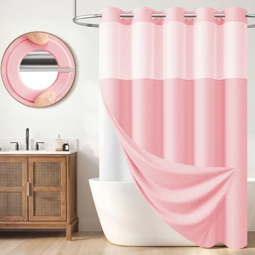BTTN Pink Ringless Linen Textured Shower Curtain with Snap in Liner, 72x75