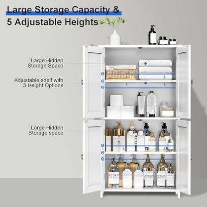 Bathroom Cabinet with Adjustable Shelf Freestanding Storage Cabinet with 2 Doors Wooden Organizer Floor for Bathroom Kitchen and Living Room (White, 4 Doors)