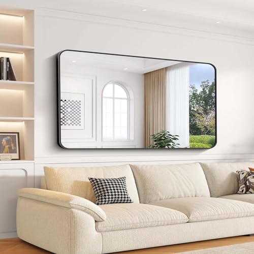 Bathroom Mirror, 30"x55" Black Rectangle Wall Mirror, Metal Frame Rounded Corner Vanity Mirror, Large Wall Mounted Mirror for Modern Bedroom Living Room Horizontal Or Vertical Mounting