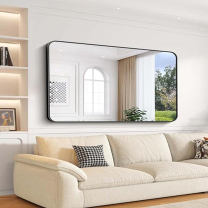 Bathroom Mirror, 30"x55" Black Rectangle Wall Mirror, Metal Frame Rounded Corner Vanity Mirror, Large Wall Mounted Mirror for Modern Bedroom Living Room Horizontal Or Vertical Mounting