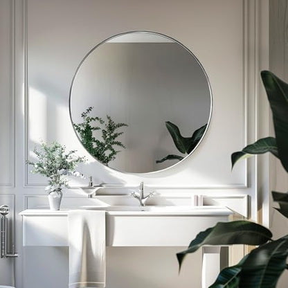 Sunniry Silver Round Mirror, Circle Mirror 24 inch, Brushed Metal Frame