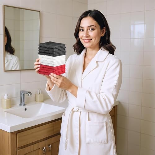 QUBA LINEN 100% Cotton Washcloth Set – Soft, Absorbent Face Towels for Bathroom & Gym Use – Durable & Reusable Wash Cloths - Dark Grey, White & Burgundy, 12x12 Inches, Pack of 12