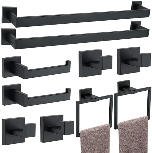 10 Pieces Bathroom Hardware Accessories Set Black, 24Inch Bathroom Towel Rack Set SUS304 Stainless Steel, Square Bath Towel bar Set Heavy Duty, Wall Mounted