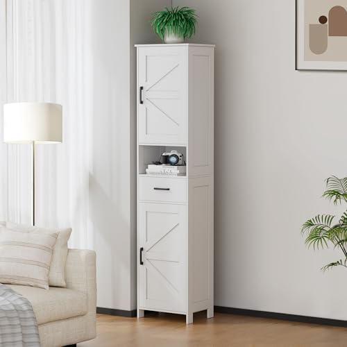 Homhedy 67" H Tall Bathroom Storage Cabinet with Barn Doors and Drawer