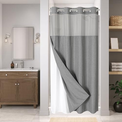 eachope No Hook Linen Texture Shower Curtain with Snap-in Liner,54x80 Grey
