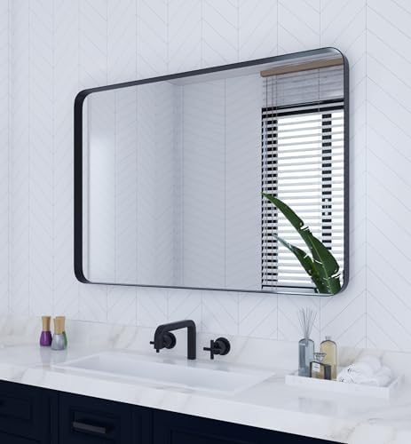 VocalStar Black Bathroom Mirror for Wall, 28 x 40 Inch Rounded Rectangle Metal Framed Bathroom Wall Vanity Mirror Farmhouse, 1/4-inch Shatterproof Glass | Ultra-Flush Hanging