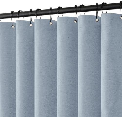 MIULEE Linen Fabric Shower Curtain Light Blue W72*L72 12 Metal Hooks