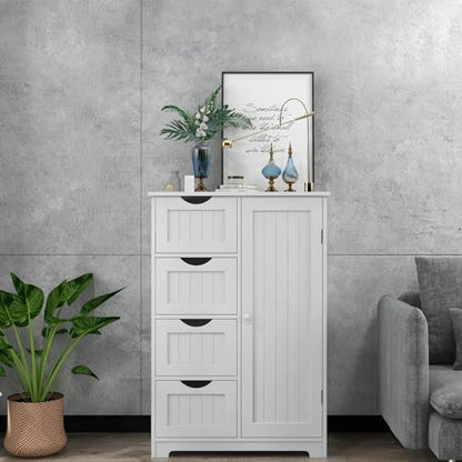 Giantex Bathroom Storage Cabinet with Drawers - 4 Drawer Storage Organizer w/Cupboard, Adjustable Shelf, Anti-Toppling Device, Entryway Storage Unit Console Table, Bathroom Floor Cabinet (White)