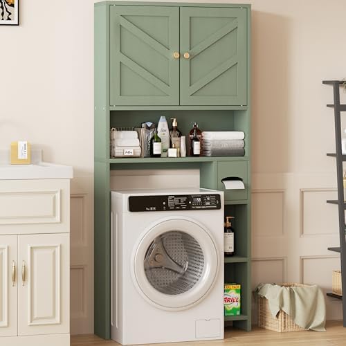 Shintenchi Over the Toilet Storage Cabinet, Bathroom Storage Cabient with Barn Doors, Bathroom Storage Shelf Organizer with Toilet Paper Holder, Adjustable Shelf and Anti-Tip Device, Green