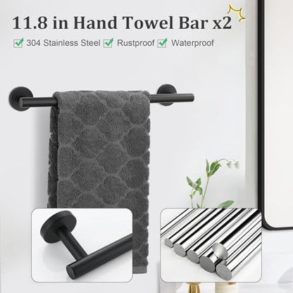 TURS Matte Black 10 Pieces Bathroom Hardware Set, SUS304 Stainless Steel 24 Inch Bath Towel Bar Set, Round Bathroom Accessories Kit Wall Mounted