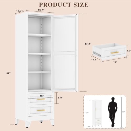 Tall Metal Narrow Storage Cabinet 67" H with 2 Drawer, White Pantry Cabinets with 3 Adjustable Shelves and Door,Tall Bathroom Cabinet for Kitchen, Home Office, Living Room, Dining Room