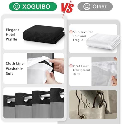 No Hook Shower Curtain with Liner Set Hotel Waffle Curtain Black 72W X 78L