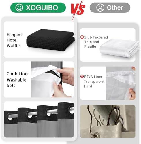 No Hook Shower Curtain with Liner Set Hotel Waffle Curtain Black 72W X 87L