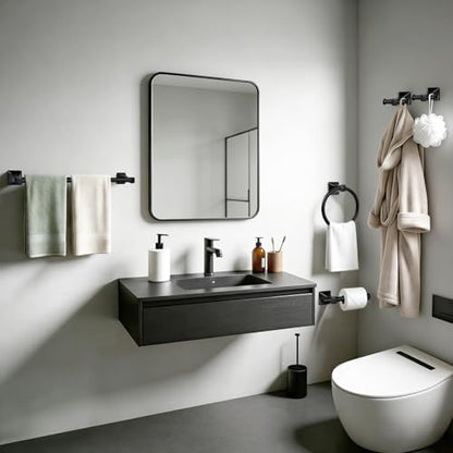 5-Piece Matte Black Bathroom Hardware Set, SUS304 Stainless Steel Wall Mounted Towel Rack Set, 24 Inch Towel Bar, Towel Ring, Toilet Paper Holder, 2 Towel Hooks, Multipurpose Bathroom Accessories
