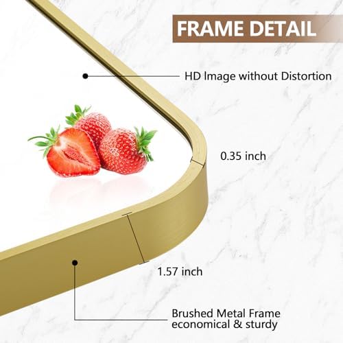 20x30 Inch Gold Mirror, Framed Rectangle Mirror with Rounded Corner, Brushed Brass Mirror, Gold Bathroom Mirror for Over Sink, Vanity, Living Room, Bedroom, Horizontal/Vertical