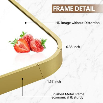 20x30 Inch Gold Mirror, Framed Rectangle Mirror with Rounded Corner, Brushed Brass Mirror, Gold Bathroom Mirror for Over Sink, Vanity, Living Room, Bedroom, Horizontal/Vertical