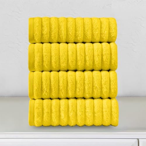 Elegant Comfort Luxury 100% Turkish Cotton Corduroy Ribbed 4 Pack Hand Towel Set 16 x 28 Inch - Absorbent, Super Soft, Quick Dry, Premium Towels for Bathroom, Gym, Spa and Hotel Use, Yellow