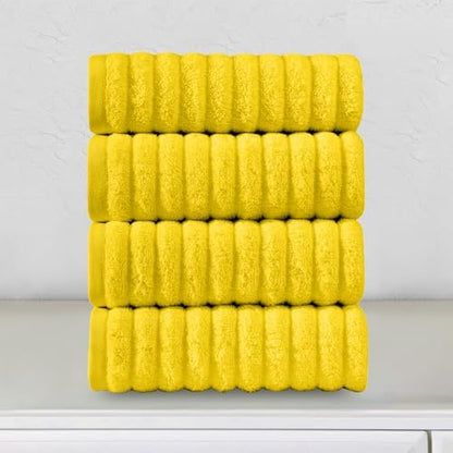 Elegant Comfort Luxury 100% Turkish Cotton Corduroy Ribbed 4 Pack Hand Towel Set 16 x 28 Inch - Absorbent, Super Soft, Quick Dry, Premium Towels for Bathroom, Gym, Spa and Hotel Use, Yellow