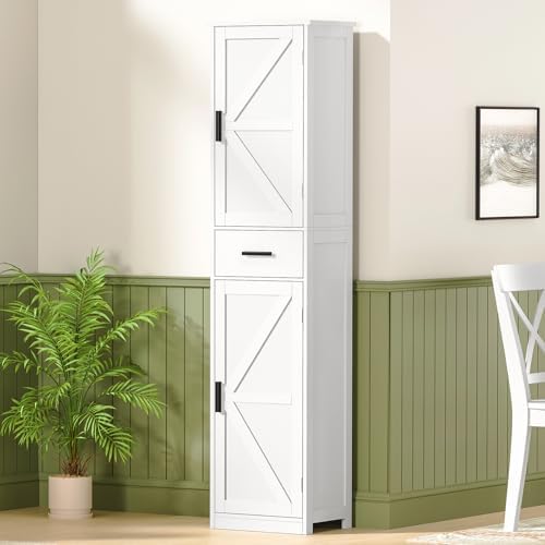 WEENFON Tall Bathroom Cabinet, Storage Cabinet with 6 Shelves & Drawer, Bathroom Storage Cabinet with Adjustable Shelves, Tall Cabinet for Living Room, Home Office, White