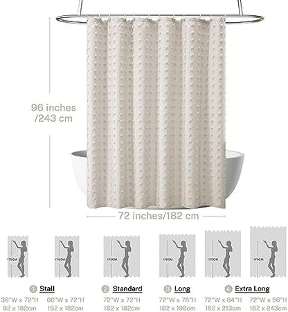 Siiluminisoy Extra Long Beige Boho Shower Curtain Woven Fabric Cute Shower Curtain, 72 x 96 Tufted Pleat Floral Puffs Textured Modern Farmhouse Minimalist Shower Curtain Set with Hooks for Bathroom