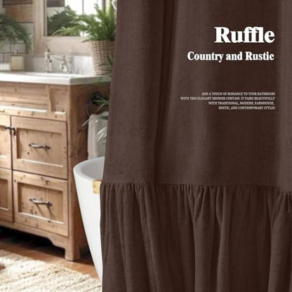 Farmhouse Shower Curtain Ruffle Linen Flax Brown 72" W x 72" L