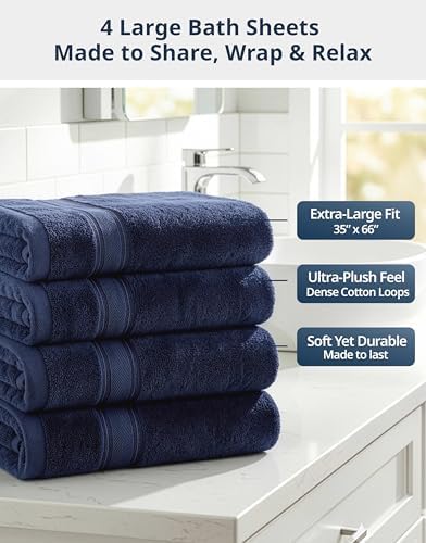LANE LINEN Bath Sheet Set Absorbent Quick Dry 100% Cotton 4 Pack - Navy