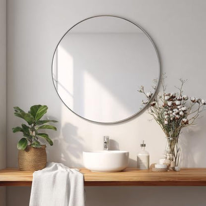 Sunniry Big Circle Mirror 34 inch, Nickel Round Mirror, Brushed Metal Frame