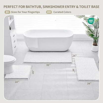 Bathroom Rugs Non Slip Washable, Extra Thick Soft Chenille Absorbent Bath Mat, High Density Barrier Non Slip Backing, Quick Dry Plush Shaggy Floor Carpet for Tub&Shower 24x17, White