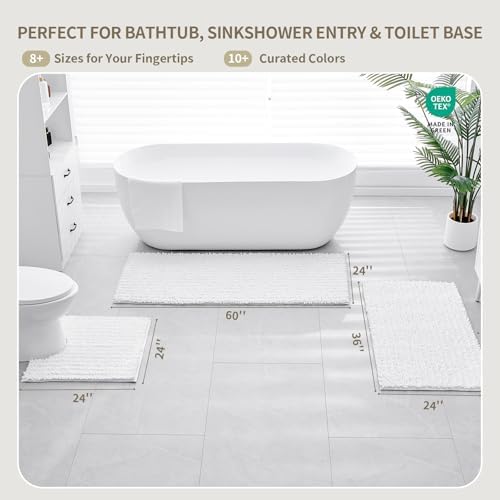 Bathroom Rugs Non Slip Washable 55x24, Extra Thick Soft Chenille Absorbent Bath Mat, High Density Barrier Non Slip Backing, Quick Dry Plush Shaggy Floor Carpet for Tub&Shower, White