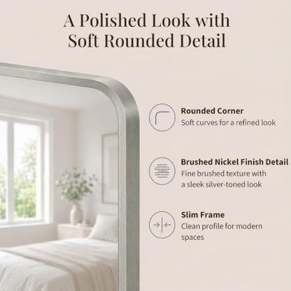 30x48 Inch Brushed Nickel Rounded Rectangle Bathroom Vanity Mirror