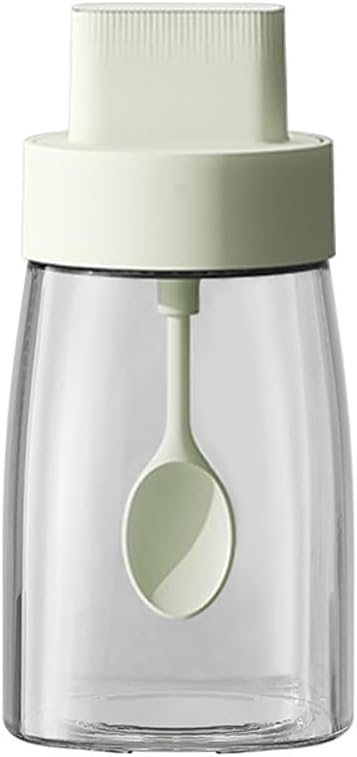 LOYUYU Kitchen Sodium Calcium Glass Spice Jars Seasonning Box Set of 1, Condiment Pots Spice Jars, Retractable Spoon and Lid Combination Design, Airtight Cap 9.7oz Green