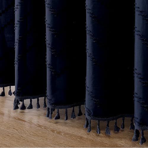 OWENIE Extra Long Navy Blue Boho Shower Curtain, Chic Tufted Chevron Striped Textured Cloth Fabric Shower Curtains with Tassel for Bathroom, Soft Hotel Style Farmhouse, Machine Washable, 72x96