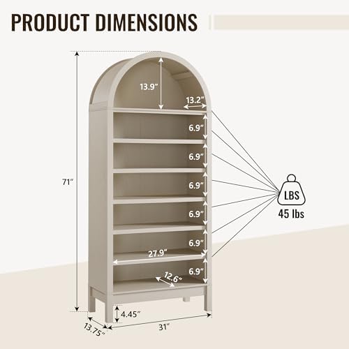 IFBUY 71" Tall Arched Bathroom Storage Cabinet, 7-Tier Modern Farmhouse Storage Cabinet with Adjustable Shelves, Wood Freestanding Cabinet for Bathroom, Living Room, Entryway, Hallway (Cream)