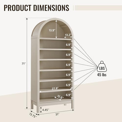 IFBUY 71" Tall Arched Bathroom Storage Cabinet, 7-Tier Modern Farmhouse Storage Cabinet with Adjustable Shelves, Wood Freestanding Cabinet for Bathroom, Living Room, Entryway, Hallway (Cream)