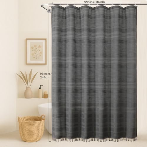 OVZME Extra Long Charcoal Grey Shower Curtain 96 Inch Long, Boho Chic Textured Soft Fabric Heavy Duty Cloth Bathroom Shower Curtain with Tassel, Tall Farmhouse Luxury Bath Decor, 72Wx96L Inches