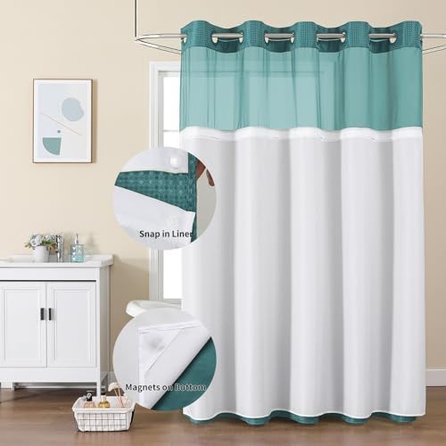 Colorful Star Seaweed Green No Hook Waffle Shower Curtain Set, 72"W x 75"L
